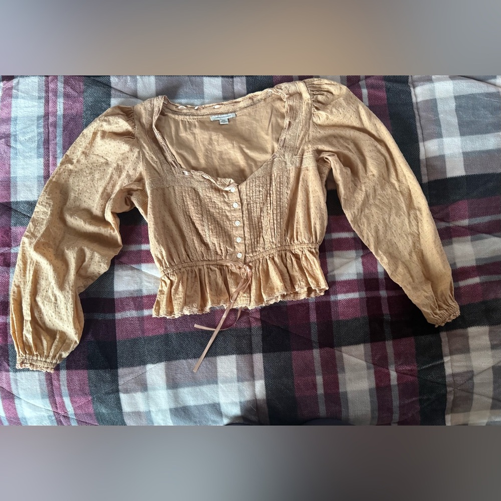 American Eagle Outfitters Tan Smocked Peplum Blouse